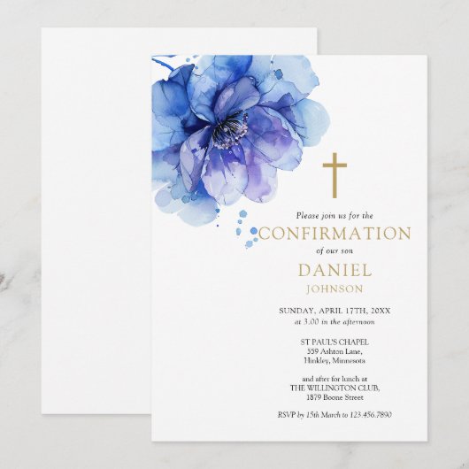 Moderne Stoffige Blauwe Waterverf Bloemen Bevestig Kaart (Voorkant / Achterkant)