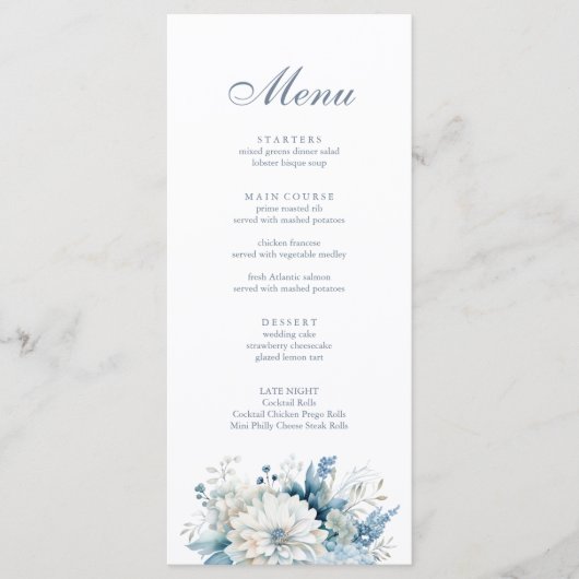 Moderne Stoffige Blauwe Wildbloemen Bruiloft Menu (Voorkant)