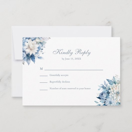 Moderne Stoffige Blauwe Wildbloemen Bruiloft RSVP Bedankkaart (Voorkant)