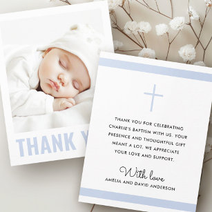 Moderne stoffige blauwe witte doop doop doop foto bedankkaart