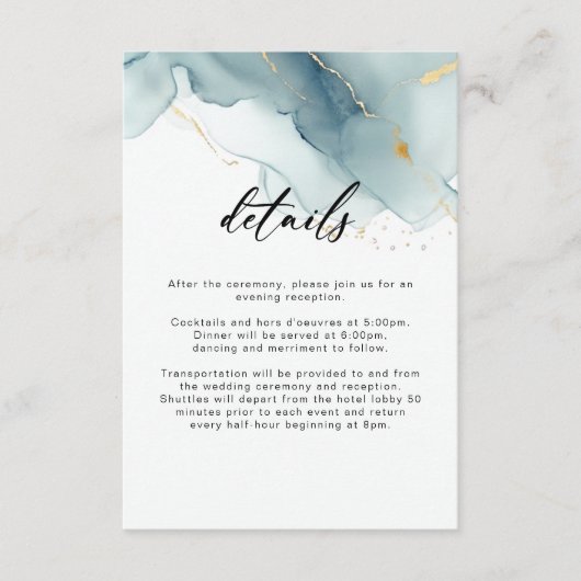 Moderne stoffige blauwe zomer strand bruiloft deta informatiekaartje (Voorkant)