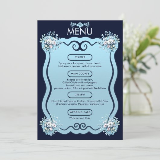 Moderne stoffige lichtblauwe Boho Floral Navy Wedd Menu (Staand voorkant)