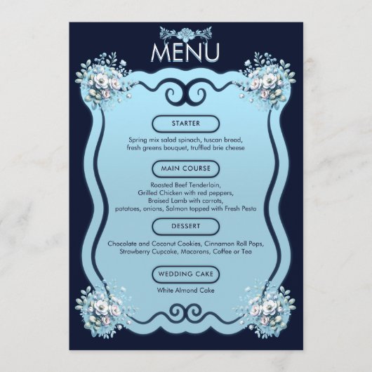 Moderne stoffige lichtblauwe Boho Floral Navy Wedd Menu (Voorkant)