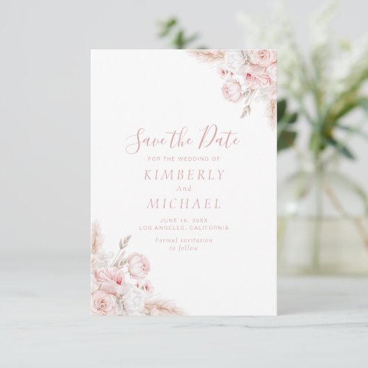 Moderne stoffige roos bloemenbruiloft save the date (Staand voorkant)
