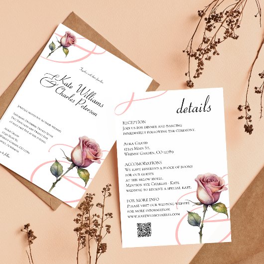 Moderne stoffige roos blozen bruiloft details kaart