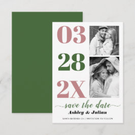Moderne stoffige roos en groene typografie twee fo save the date