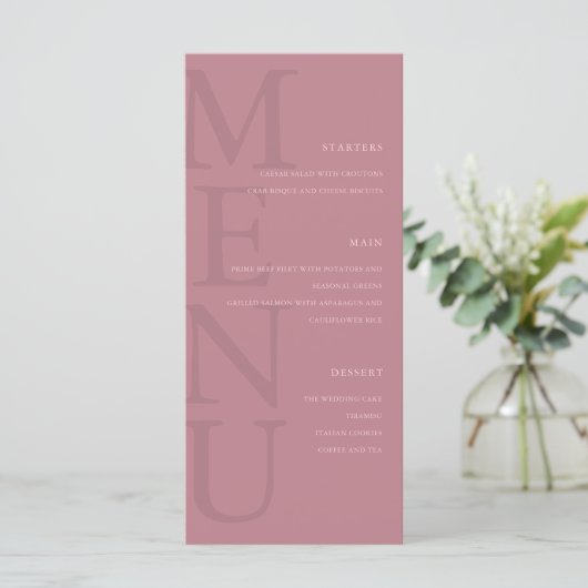 Moderne stoffige Roos minimalistische bruiloft Menu (Staand voorkant)