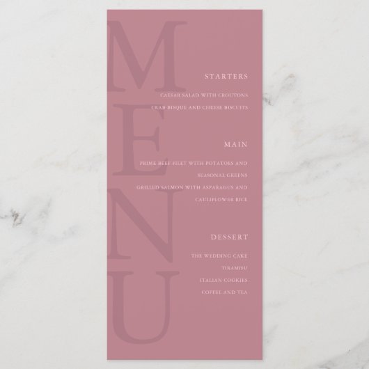 Moderne stoffige Roos minimalistische bruiloft Menu (Voorkant)