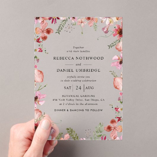 Moderne stoffige roze bloemen bruiloft acryl uitnodigingen (Insitu (Draagbaar))