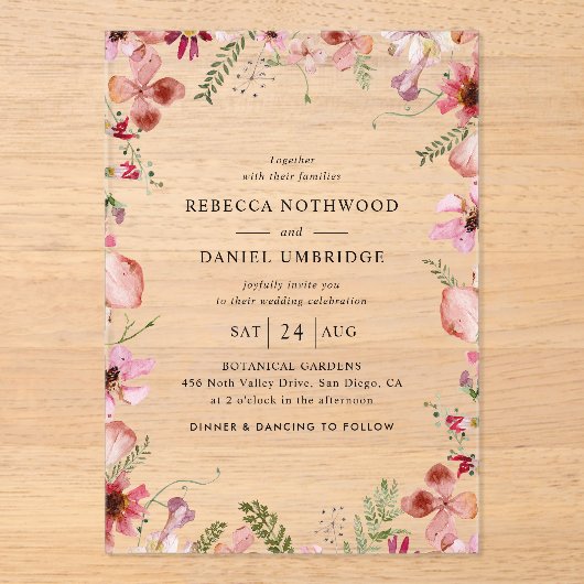 Moderne stoffige roze bloemen bruiloft acryl uitnodigingen (Voorkant)