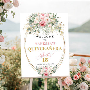 Moderne stoffige roze bloemrijke gouden Quinceañer Poster