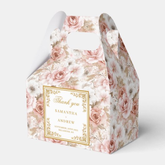 Moderne stoffige roze gouden bloemen bruiloft guns bedankdoosjes (Voorkant Zijde)