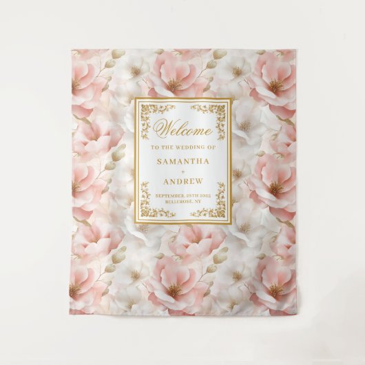 Moderne stoffige roze ivoor gouden trouwbanner wandkleed (Voorkant)