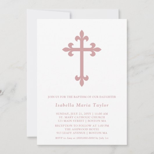 Moderne Stoffige Roze Kruis Doop Kaart (Voorkant)