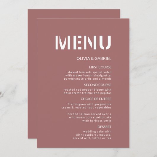 Moderne, stoffige roze roos simpele bruiloft menu (Voorkant / Achterkant)