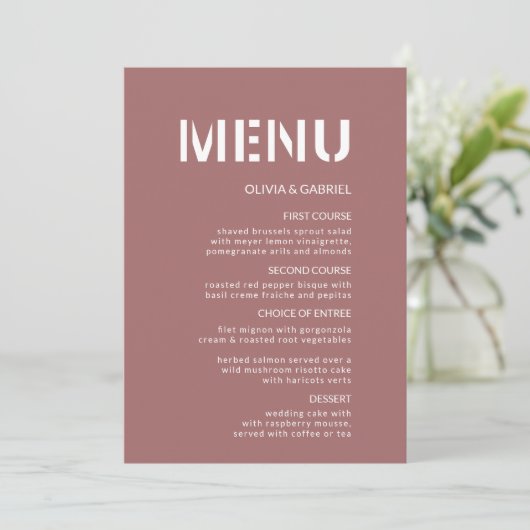 Moderne, stoffige roze roos simpele bruiloft menu (Staand voorkant)