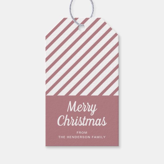 Moderne Stoffige Roze Strepen Vrolijk Kerstfeest Cadeaulabel (Voorkant)