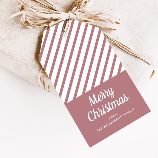 Moderne Stoffige Roze Strepen Vrolijk Kerstfeest Cadeaulabel