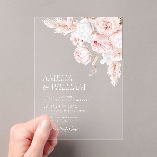 Moderne stoffige rozen bloemenbruiloft acryl uitnodigingen (Insitu (Draagbaar))