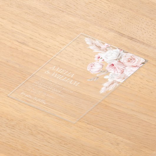 Moderne stoffige rozen bloemenbruiloft acryl uitnodigingen (Laagn)