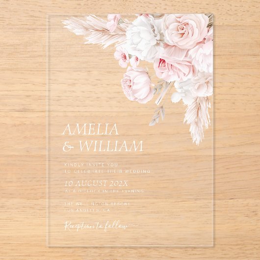 Moderne stoffige rozen bloemenbruiloft acryl uitnodigingen (Voorkant)