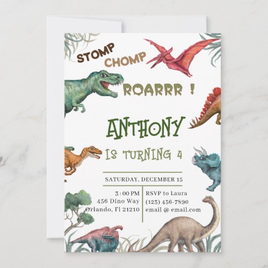 Moderne stomp chomp roar verjaardagsdatum baby sho kaart (Voorkant)