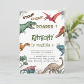 Moderne stomp chomp roar verjaardagsdatum baby sho kaart (Staand voorkant)