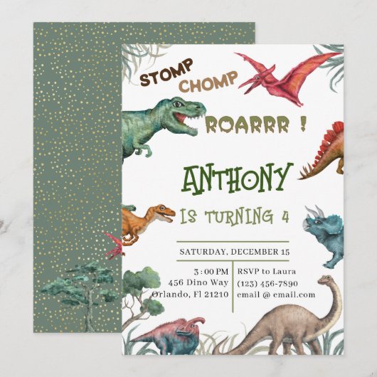 Moderne stomp chomp roar verjaardagsdatum baby sho kaart (Voorkant / Achterkant)