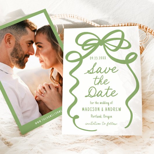 Moderne Stoutgroene Strik Foto Bruiloft Save The Date