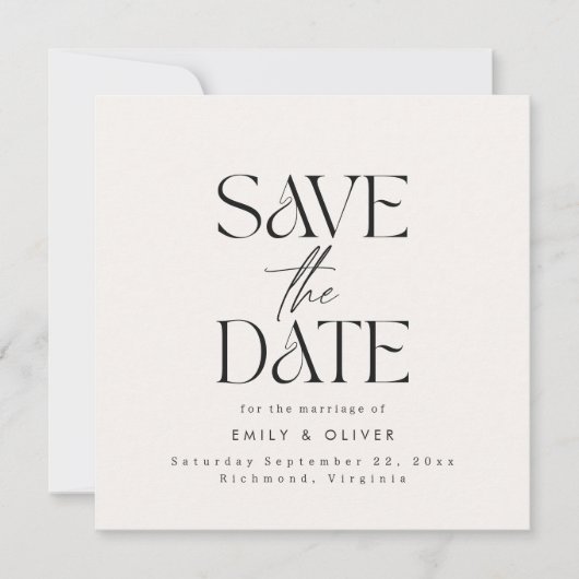 Moderne, strakke typografie trouwcrème zwart elega save the date (Voorkant)
