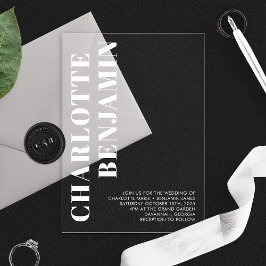 Moderne Strakke Witte Minimalistische Bruiloft Acryl Uitnodigingen