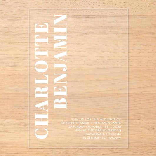Moderne Strakke Witte Minimalistische Bruiloft Acryl Uitnodigingen (Voorkant)