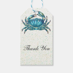 Moderne strand blauwe krab zeester zeepaardje favo cadeaulabel