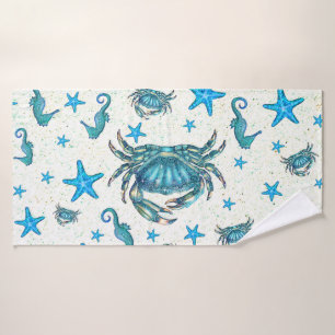 Moderne Strand Blauwe Krab Zeester Zeepaardje Glan Bad Handdoek