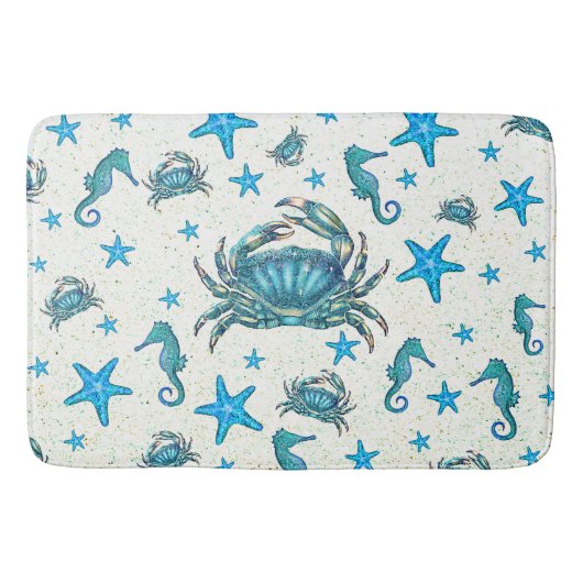 Moderne Strand Blauwe Krab Zeester Zeepaardje Glan Badmat (Voorkant)
