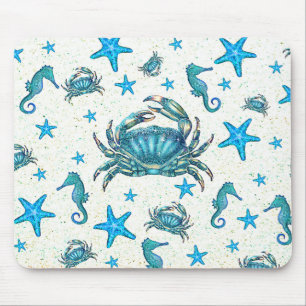 Moderne strand blauwe krab zeester zeepaardje glin muismat