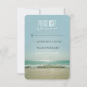 Moderne strand bruiloft RSVP kaarten met blauw zee (Voorkant)
