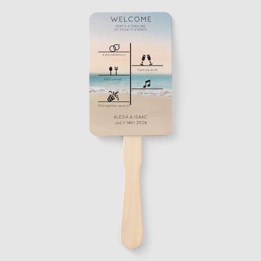 Moderne Strand Bruiloft Tijdlijn Fotoprogramma Handwaaier (Voorkant)