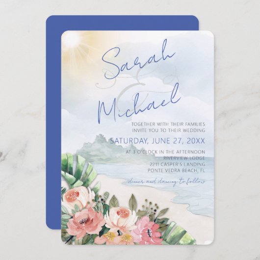 Moderne strand- en bloemen bruiloftsinvitaties kaart (Voorkant / Achterkant)