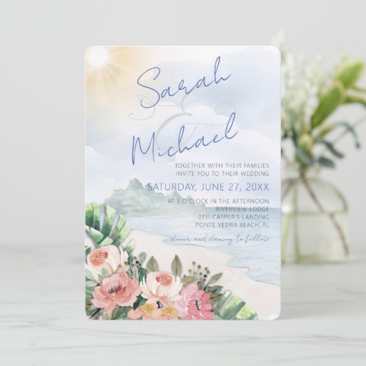 Moderne strand- en bloemen bruiloftsinvitaties kaart (Staand voorkant)