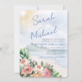 Moderne strand- en bloemen bruiloftsinvitaties kaart (Voorkant)