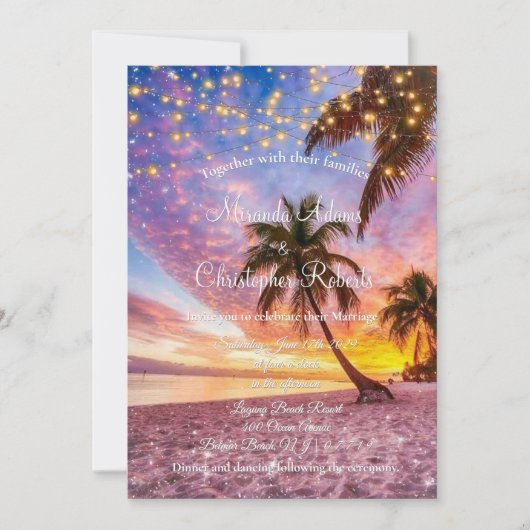 Moderne strand en sterren zomer bruiloft bij zonso kaart (Voorkant)