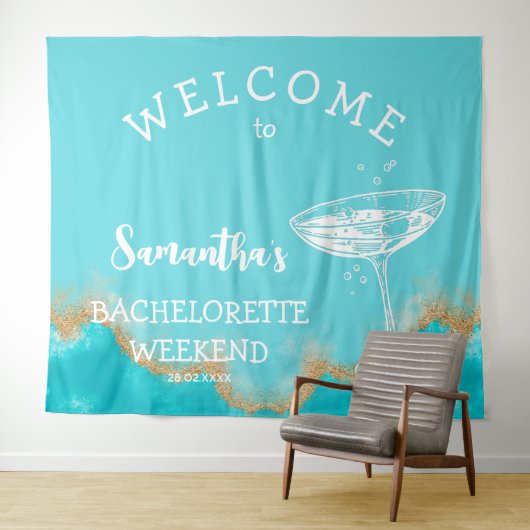 Moderne strand goud turquoise blauw vrijgezellenfe wandkleed (In Situ (horizontaal))