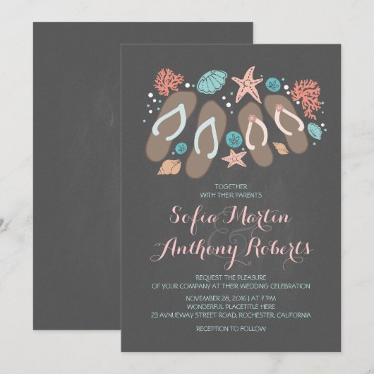 Moderne strand huwelijksuitnodiging met teenslippe kaart (Voorkant / Achterkant)