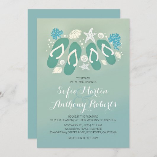 Moderne strand huwelijksuitnodiging met teenslippe kaart (Voorkant / Achterkant)