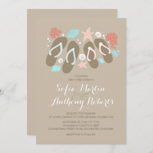 Moderne strand huwelijksuitnodiging met teenslippe kaart (Voorkant / Achterkant)