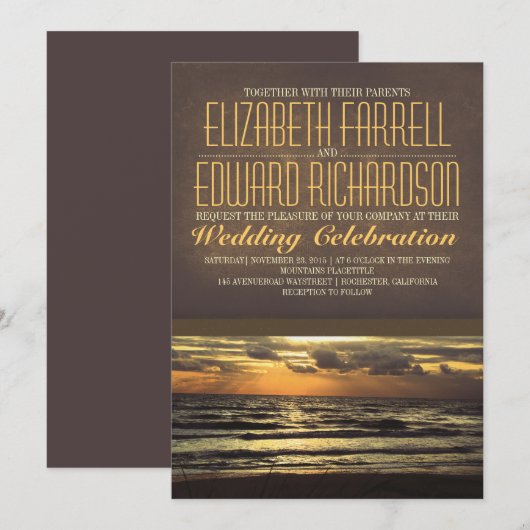 Moderne strand huwelijksuitnodigingen met zonsonde kaart (Voorkant / Achterkant)