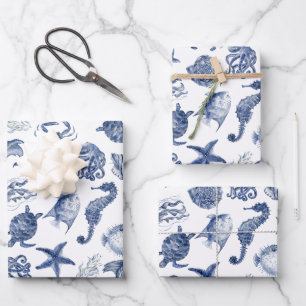 Moderne strand kust waterverf trouw blauw inpakpapier vel