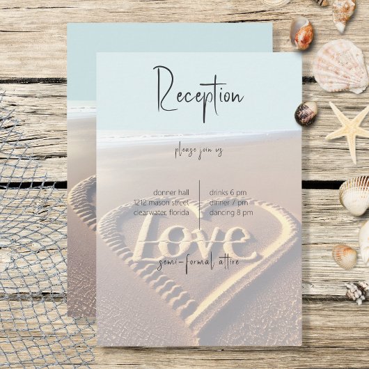 Moderne strand met hart Vellum Wedding Reception Informatiekaartje