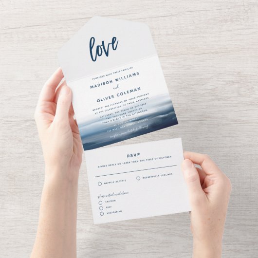 Moderne strand Ocean Theme Wedding All In One Uitnodiging (Afscheurbaar)